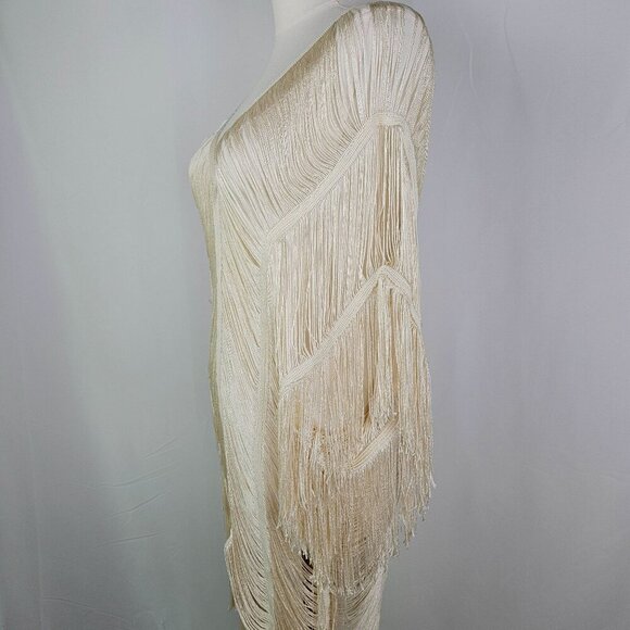 Trending Fringe Layered Ivory Sheer Open Front Kimono Shawl Cover Up Top Sexy - Picture 5 of 10